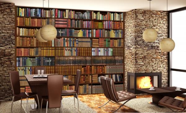 fototapet vardagsrum böcker bibliotek idé