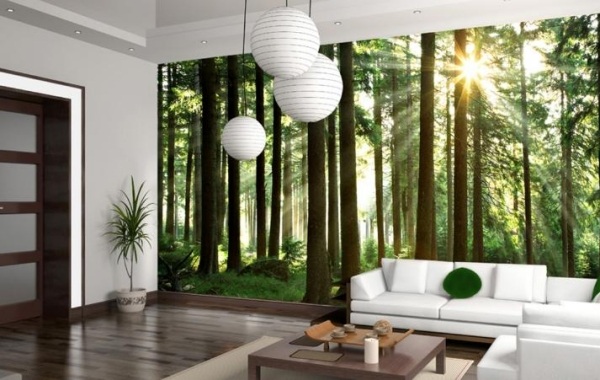 idéer väggdekoration med fototapet skog vardagsrum natur