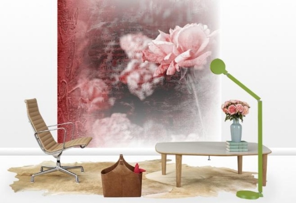 väggdekoration fototapet rosa beige läderfåtölj