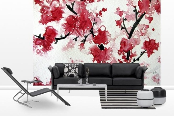 svart vardagsrumsmöbler röda accenter väggdekoration fototapet blommor