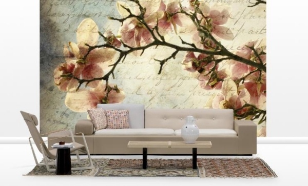 idéer fototapet blommor magnolia beige vardagsrumsmöbler