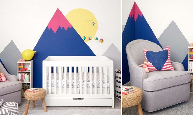 Väggdesign med färg barnrum-spjälsäng-vägg-kreativ-design-färgad-berg-sol
