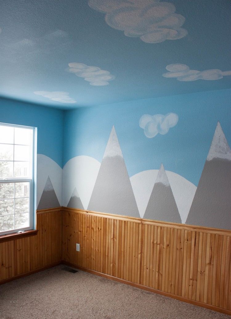 vägg-design-färg-bergskedjor-moln-väggmålning-gör-det-själv-barnrum