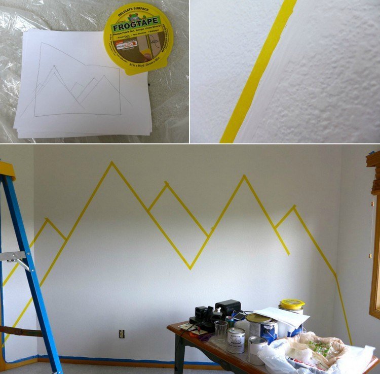 vägg-design-färg-diy-väggmålning-berg-ritning-målarens tejp-första steg