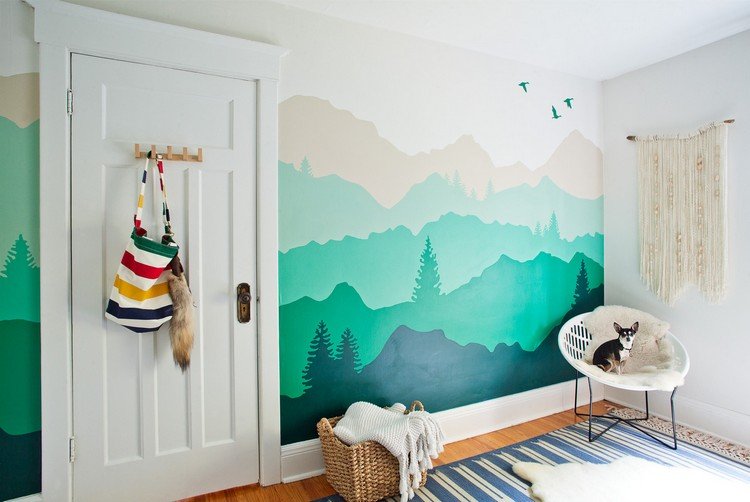 vägg-design-färg-kreativ-vägg-målning-sovrum-berg-träd-fåglar