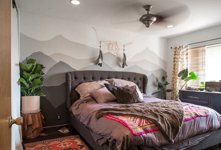 vägg-design-färg-sovrum-kreativ-design-möblering-vägg-målning-berg
