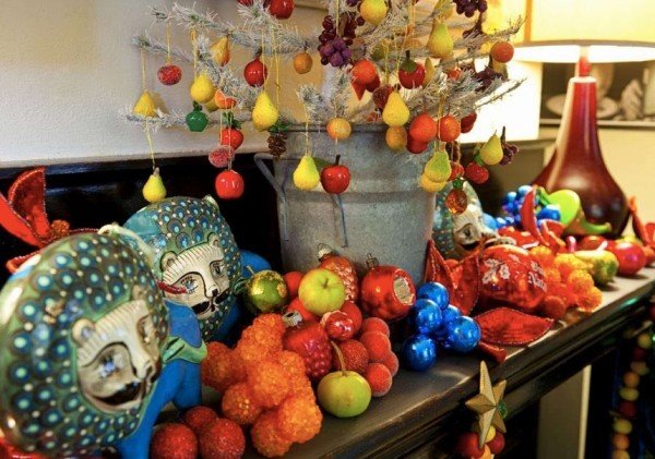 Exotisk dekoration öppen spis jul-vit konstgjord-mini gran frukter dekorera