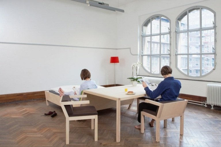 idéer säng skrivbord trä stolar studio möbler