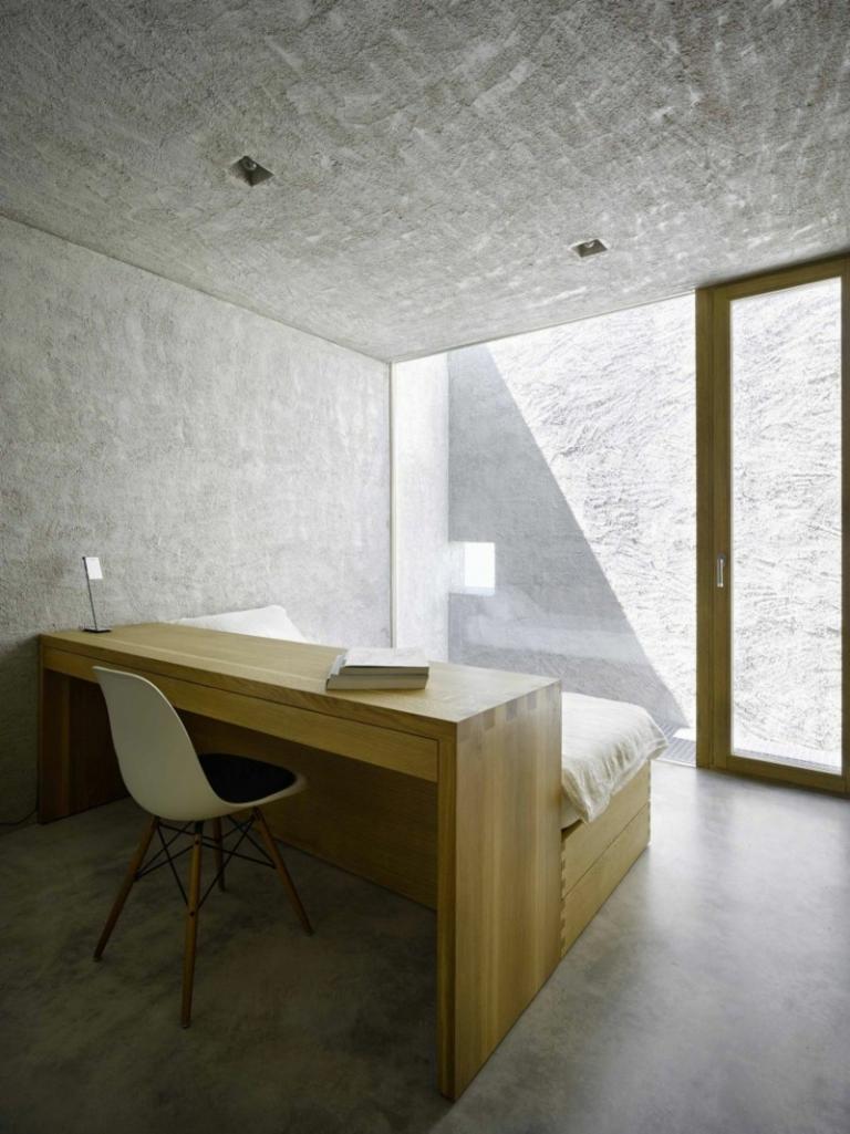 idéer med säng och skrivbord minimalistisk rum ljus trä betong utseende