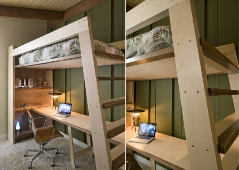 idéer med säng och skrivbord loft säng design diy stege hylla