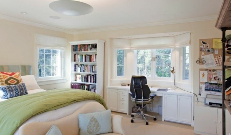 idéer säng skrivbord vägg nisch uppsättning sovrum klassisk stil fönster