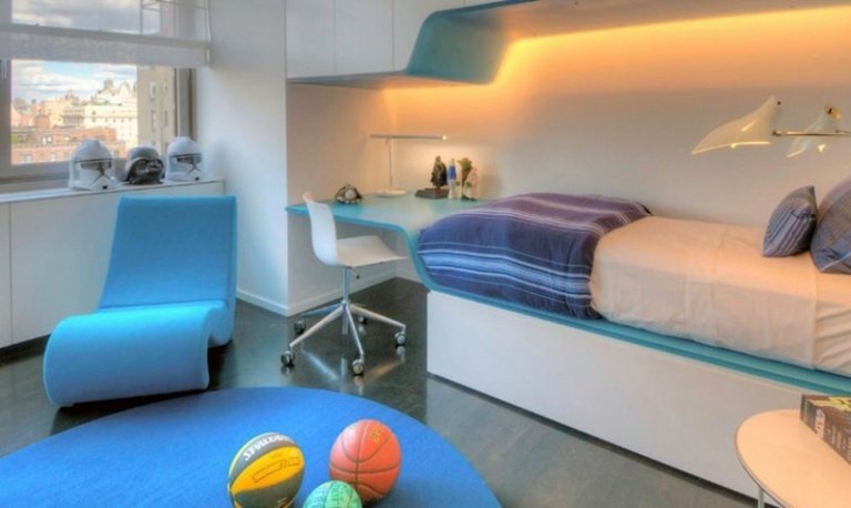 idéer med säng och skrivbord nisch idé indirekt belysning blå möbler