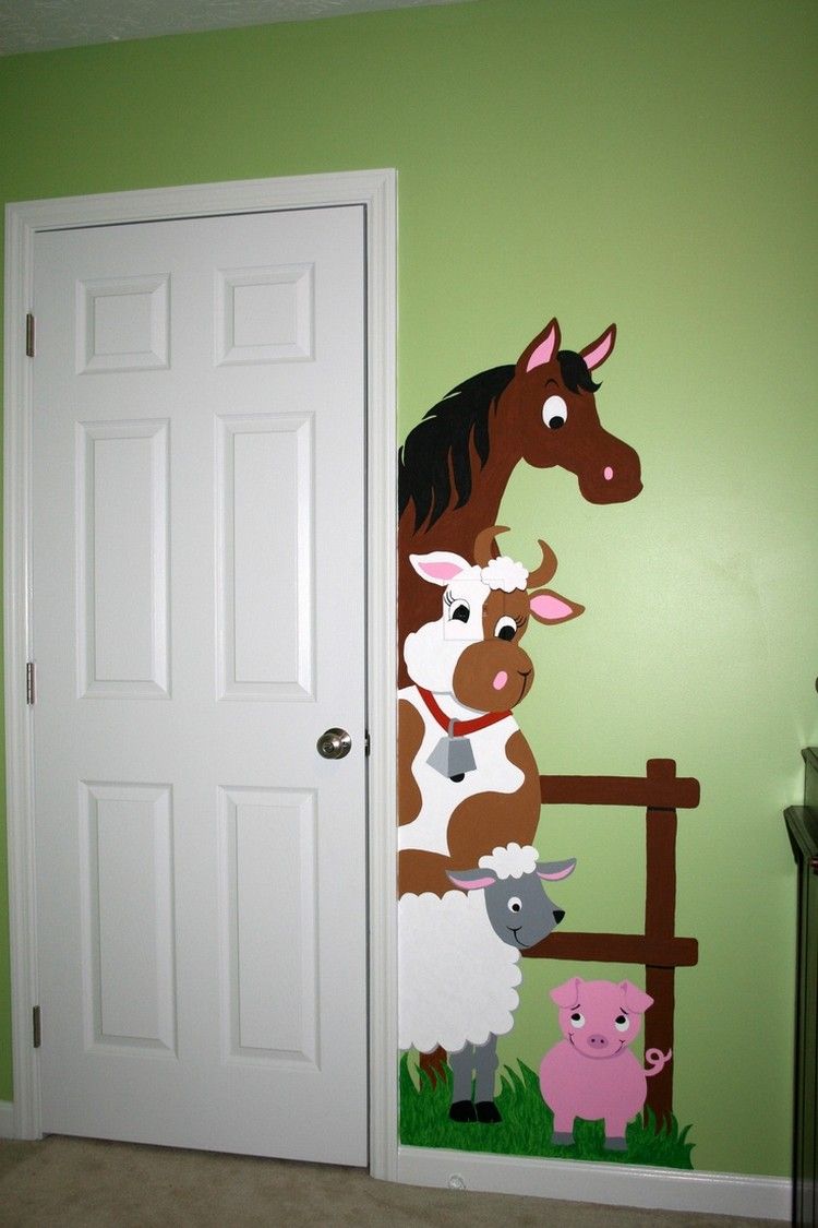 idéer-vägg-design-färg-vägg-målning-häst-ko-får-gris