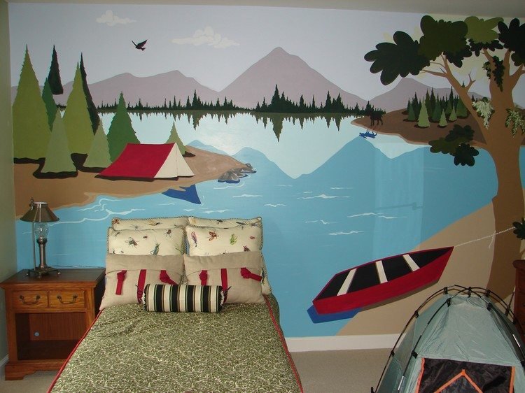 idéer-vägg-design-färg-vägg-målning-sjö-träd-båt