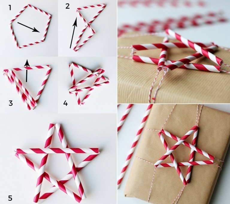 Slå in julklappar och dekorera dem med en stjärna av pappersrullar