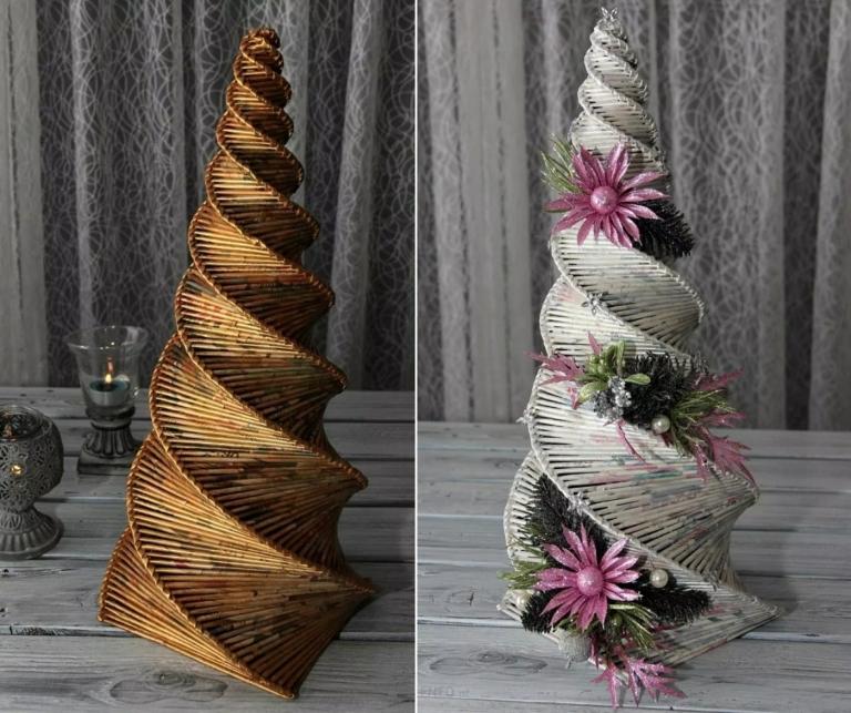 Stora hantverksprojekt pysslar med pappersrullar till jul - spiralformad granpyramid
