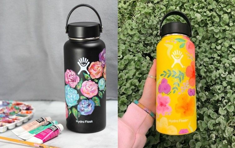 Dricksflaskor av metall eller glas är målade med blommotiv