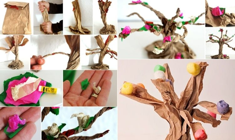 Gör ett pappersträd och dekorera det med blommor av papper, pomponger eller plasticine