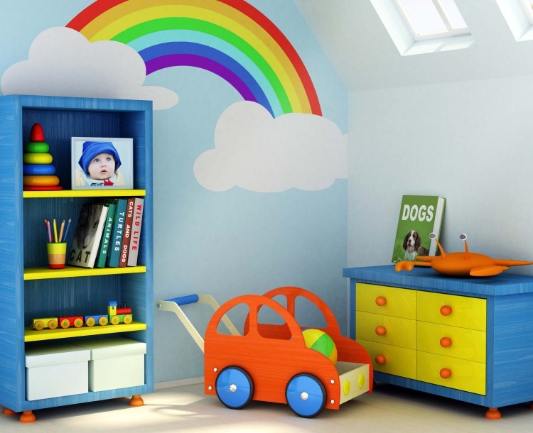idéer-ungdomsrum-målning-byrå-hylla-blå-regnbåge-väggmålning-moln-takfönster