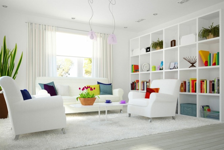 idéer inredning vit dekorativa föremål hylla färgglada färger kasta soffa kudde