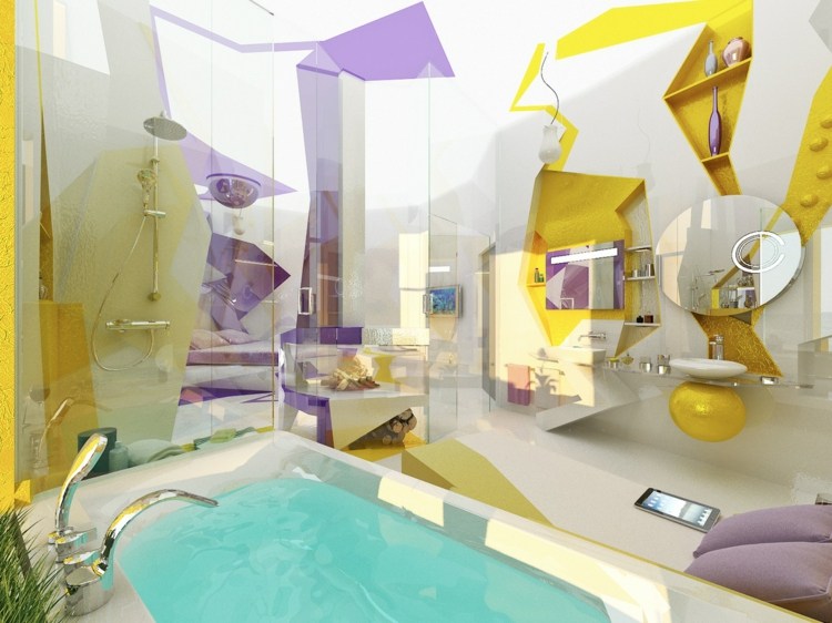 inredningsidéer badrum gul vit lila plattor badkar i geometrisk stil