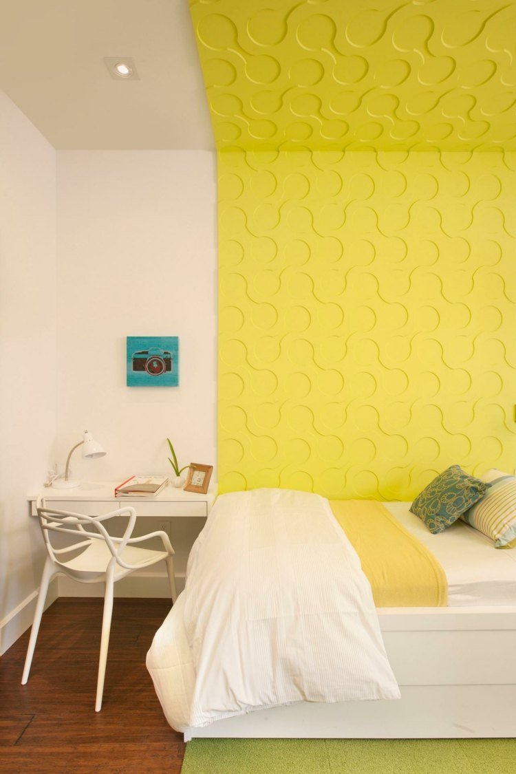 ungdomsrumsdesign tjejmöbler gul väggbyggnads accent tredimensionella vita möbler