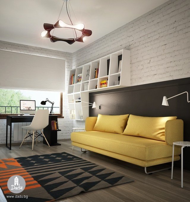 ungdomsrum-design-idé-färger-vit-svart-gul-soffa