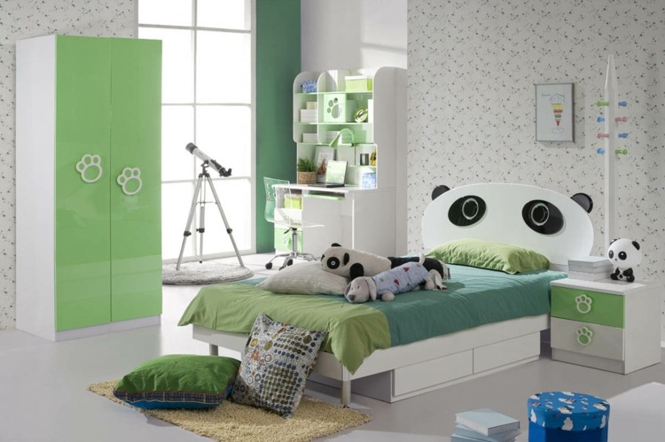 barnrumsdesign panda sänggavel gröna färger teleskopiska tapeter