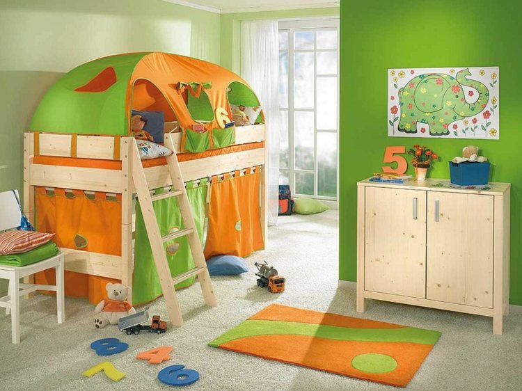 Barnrums design orange grön grottält loft säng stol