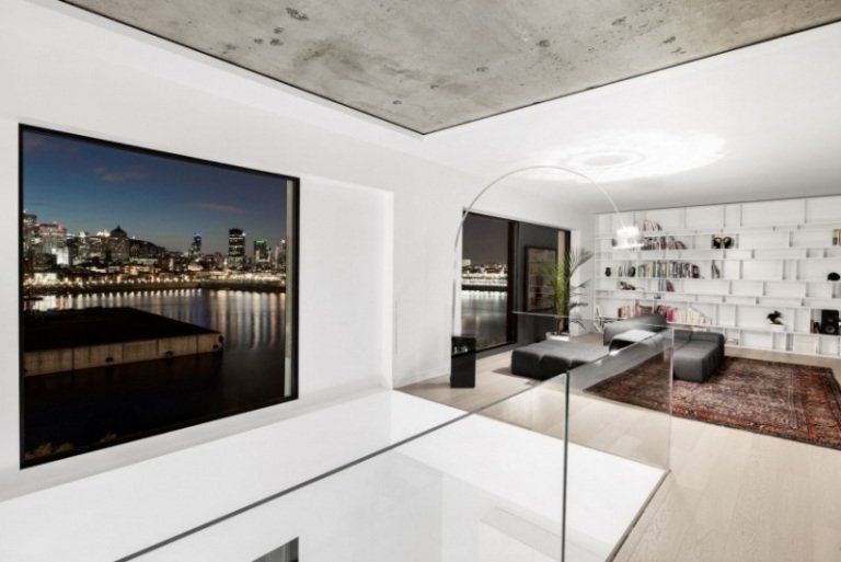 inrednings-idéer-betong-tak-moderna-minimalistiska-orienterade-mattor-glasräcken