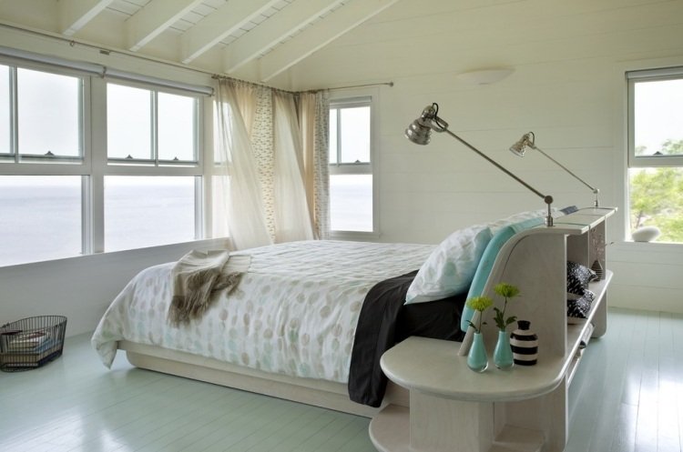 Modernt sovrum design säng-integrerade-hyllor-mellanrum