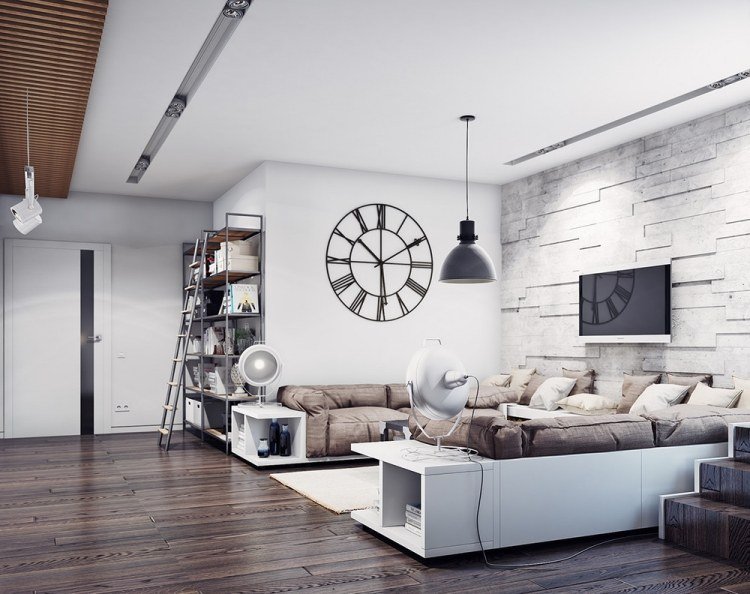 vardagsrumsmöbler-idéer-modern-soffa-integrerade-hyllor-sten-vägg-vägg-tv-skandinavisk
