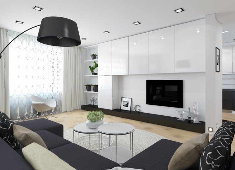 idéer-vardagsrum-möbler-svart-vita-skåp-tak-infällda-lampor