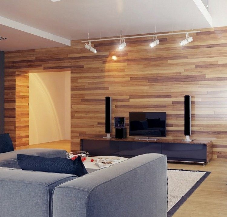 idéer-vardagsrumsmöbler-trä-väggpaneler-tv-lågbräda-grå-soffa