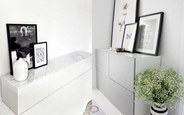 ikea-besta-hylla-förvaringssystem-enkel-minimalistisk-design-vit-grå-marmor-tallrik-deco-svart