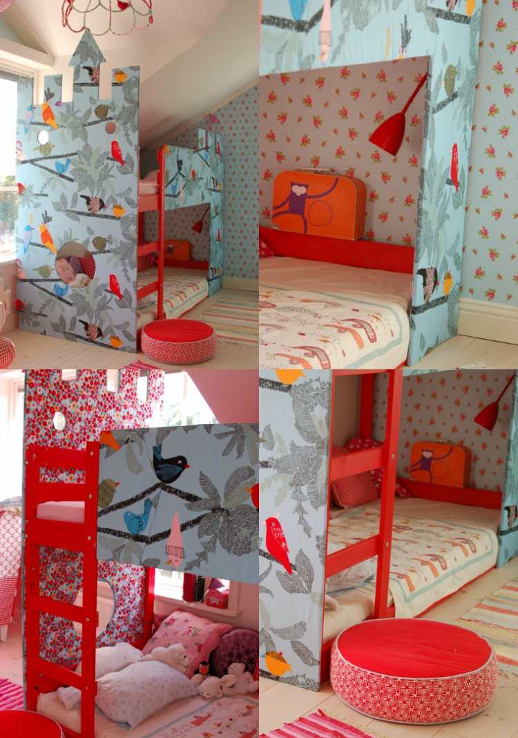 ikea kura säng ombyggnad tyg tapet färgrik röd blå
