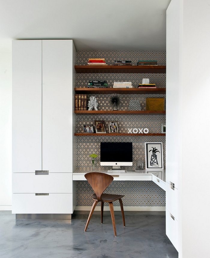 Skrivbord-väggbeklädnad-vägg-tapeter-geometriska-motiv-svart-vitt