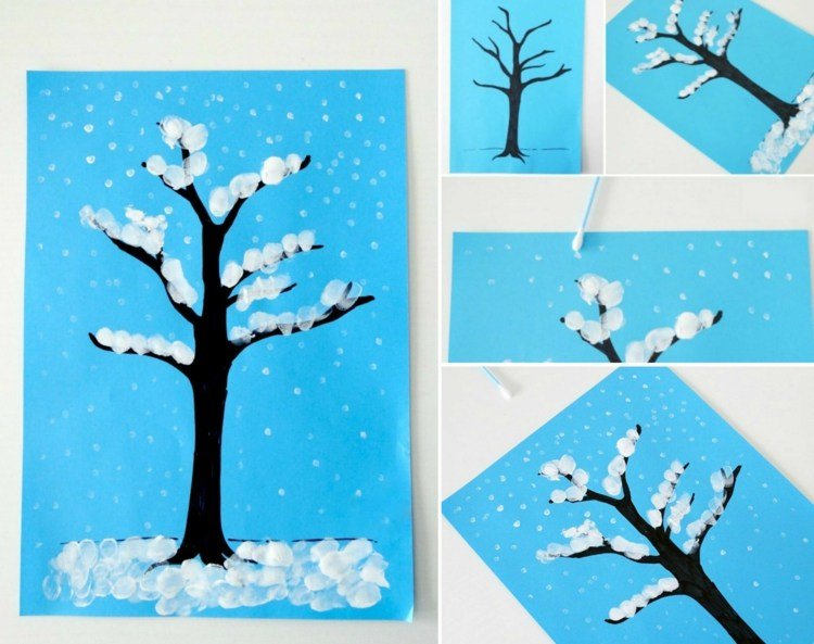 vinterhantverk barn snö fingeravtryck träd öronpinnar bomullspinnar