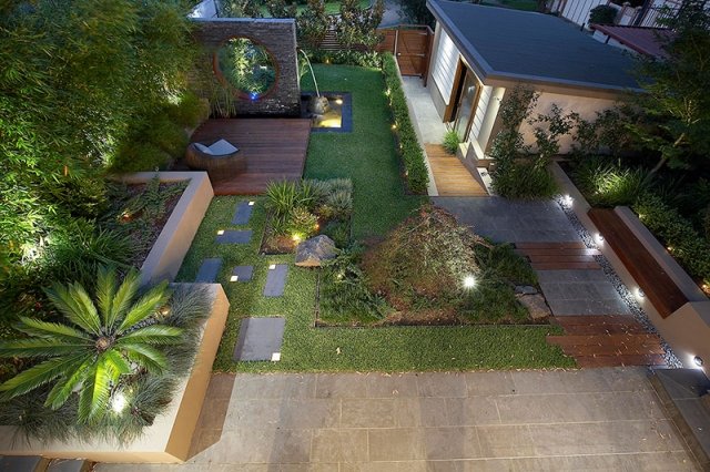 innergård design modern design gräsmatta golvlampor vatten funktion