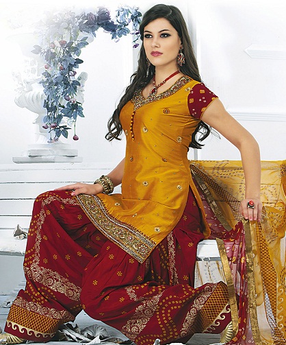 Intialainen tyyli punainen ja sinappi Bandhej Salwar -puku