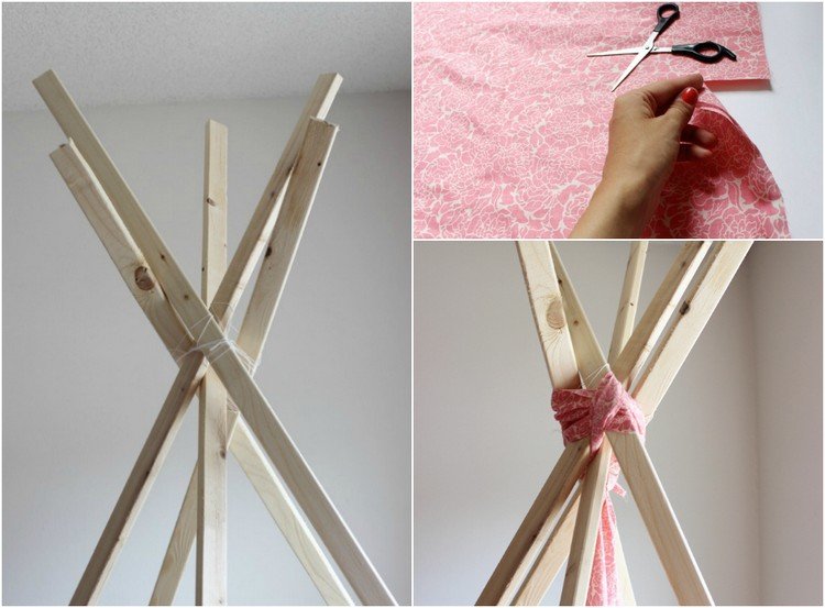 Tipi-tält-bygg-själv-trä-pinnar-tie-rep-tyg