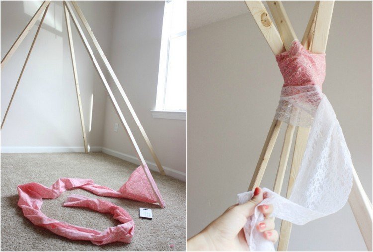 Tipi-tält-bygg-själv-utan att sy-linda-runt-rosa-vitt-tyg