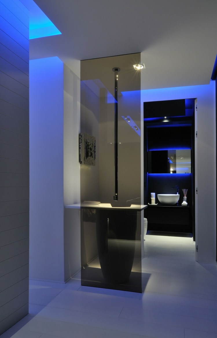 indirekt belysning blå wc design monokrom idé
