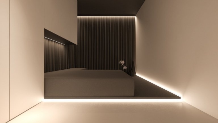 indirekt-belysning-led-under-säng-minimalistisk-sovrum-svart-vit