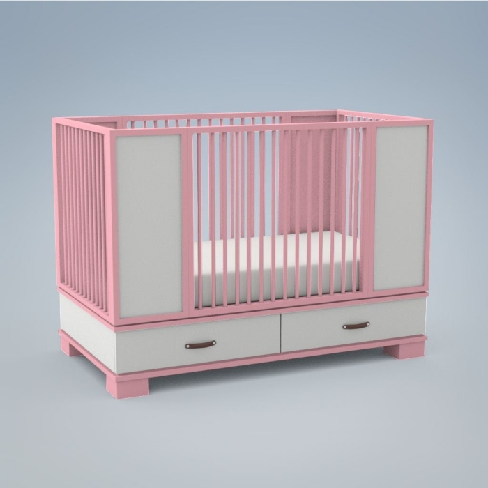 Individuell-baby-säng-flicka-rosa-galler-lådor-metall-handtag-morgan