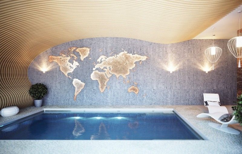 Inomhuspool-privat hus-takdesign-idéer-världskarta-golvplattor-vattentät