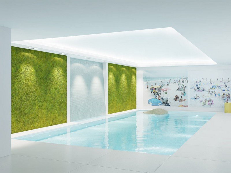 Inomhus-pool-vertikal-trädgård-vatten funktioner-bild-LED-belysning-tak