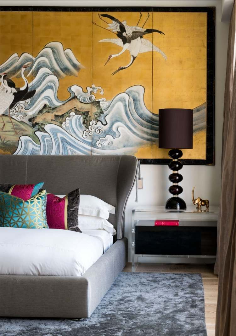 industri-chic-lyx-loft-lägenhet-sovrum-vägg-dekoration-japansk konst-klädsel-sammet