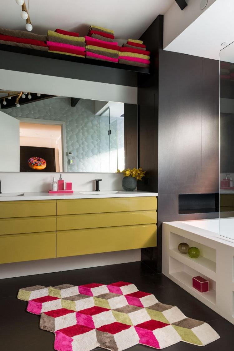 industri-chic-lyx-loft-lägenhet-tvätt-konsol-gul-badrum-svart-vit-färg accenter