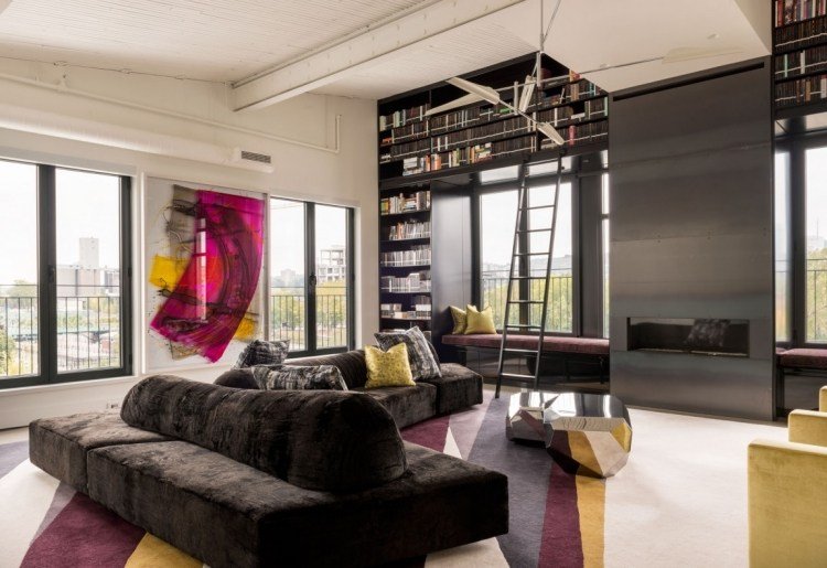 Industrial chic -luxury-loft-vardagsrum-elegant-svart-antracit-pastellfärg